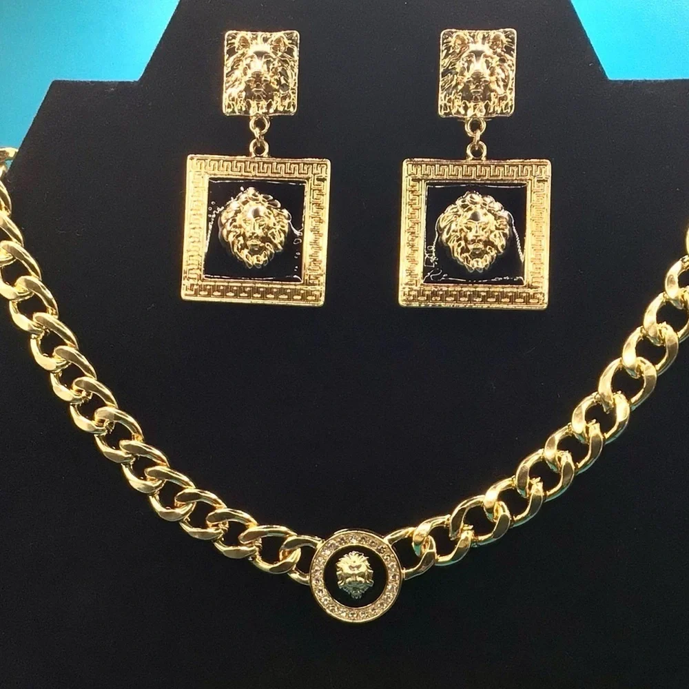 Lion Motif Gold Necklace & Earrings New Without Tags